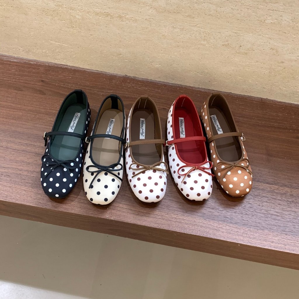 Maixi Sweet Polka Dot Mary Jane Flats สําหรับผู้หญิงรองเท้าบัลเล่ต์ Soft Sole Slip-on Round toe Bow