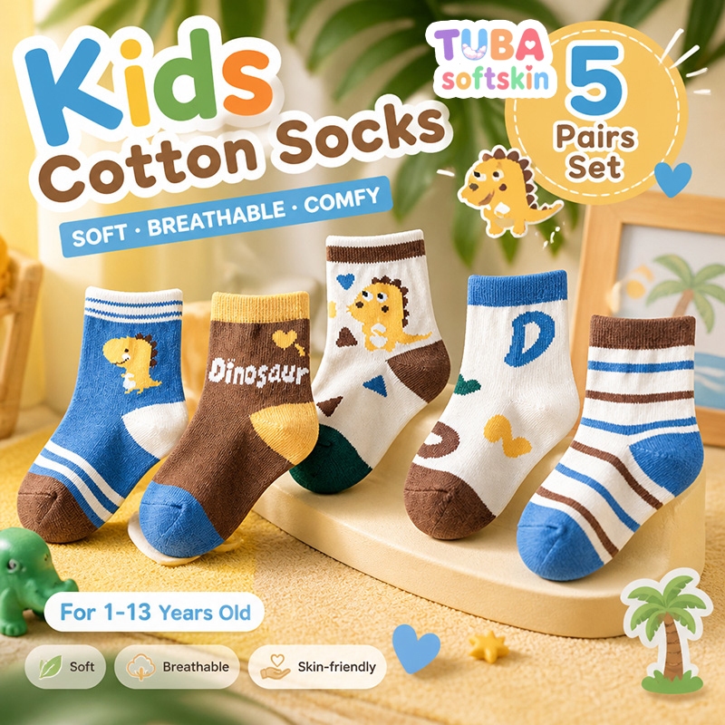 【ส่งด่วน】🧦 ถุงเท้าเด็กผ้าฝ้าย 5 คู่ ลายไดโนเสาร์ลายทางน่ารัก นุ่มสบาย ระบายอากาศ ใส่ประจำวัน