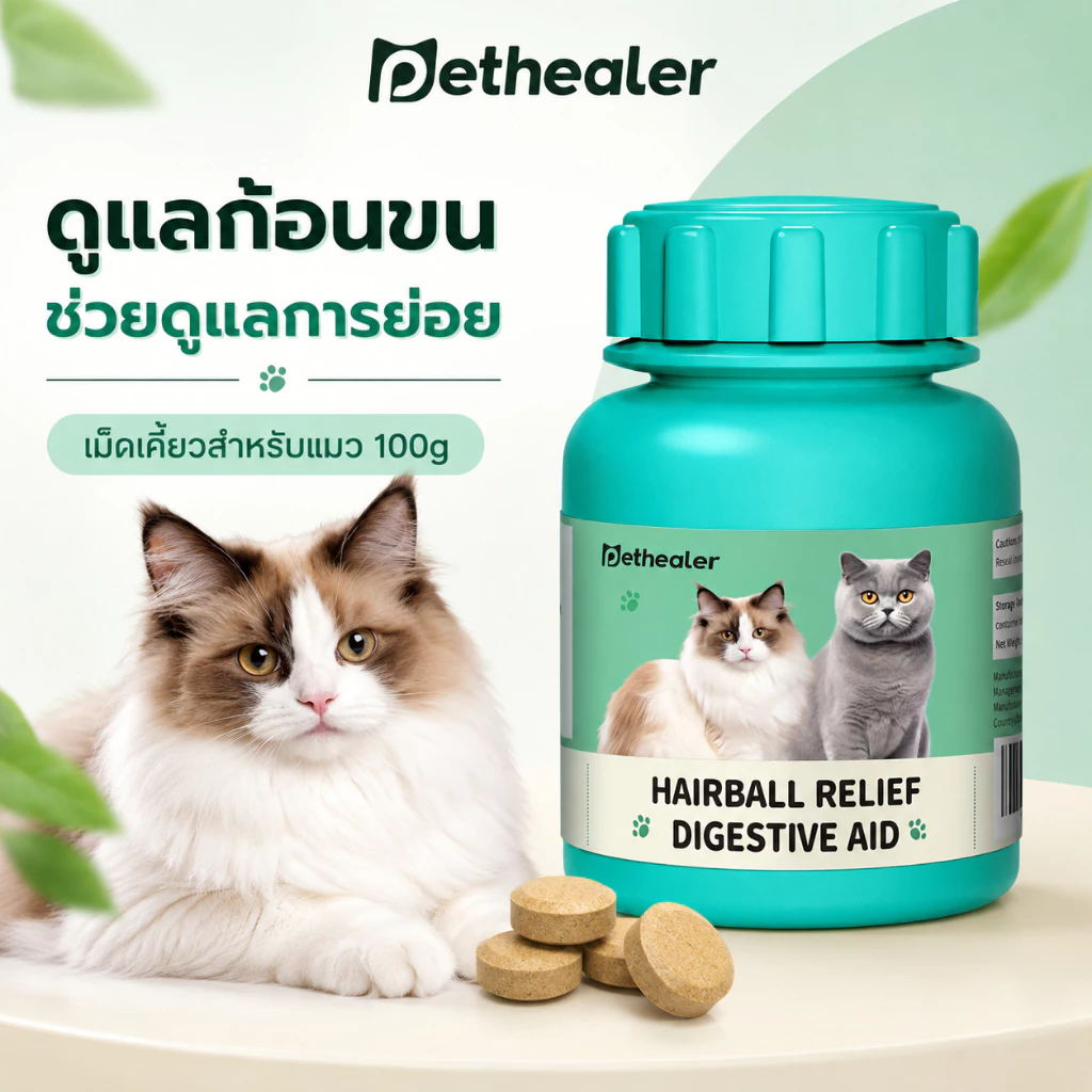 PETHEALER เม็ดเคี้ยวสำหรับแมว 100 กรัม สูตรหญ้าแมว ดูแลก้อนขนและระบบย่อยอาหาร เหมาะสำหรับแมวขนยาวและช่วงผลัดขน