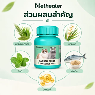 PETHEALER เม็ดเคี้ยวสำหรับแมว 100 กรัม สูตรหญ้าแมว ดูแลก้อนขนและระบบย่อยอาหาร เหมาะสำหรับแมวขนยาวและช่วงผลัดขน