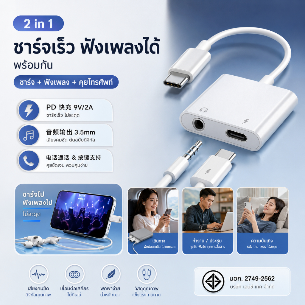 ชาร์จพร้อมฟังเพลง Type C 2in1 อะแดปเตอร์ Type C to 3.5mm Aux หูฟัง โทรคุยได้ รองรับ PD 9V/2A สำหรับม