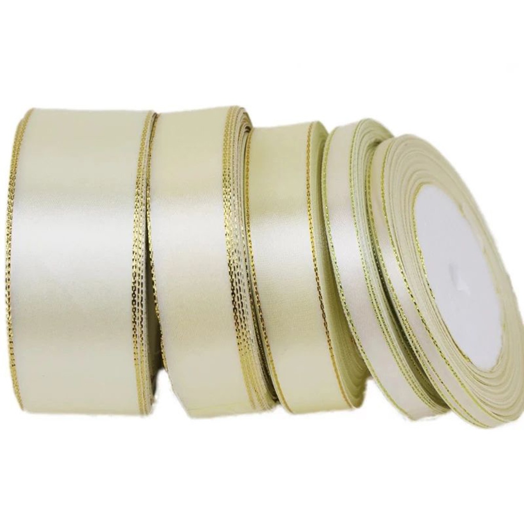 (25หลา/ม้วน) ครีมสีขาวทองชายแดนริบบิ้นบรรจุภัณฑ์ของขวัญที่มีความกว้างที่แตกต่างกันของตกแต่งงานปาร์ตี้ดอกไม้แต่งงานผูก