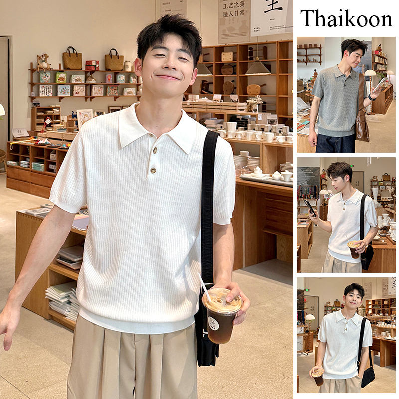 เสื้อโปโลผู้ชายถักสไตล์วินเทจเก่าเงินสลิมฟิตผ้านุ่มสบาย