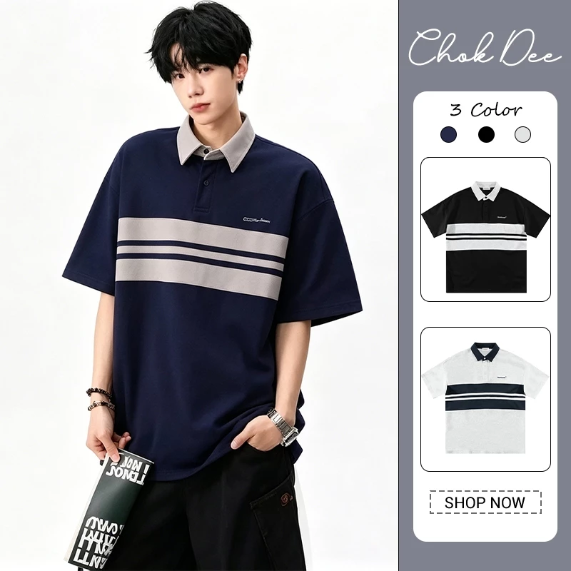เสื้อโปโลชาย แขนสั้นลายขวางสองสี ทรงโอเวอร์ไซส์ สไตล์เกาหลี ผ้าสบายระบายอากาศ สำหรับใส่ลำลองประจำวัน