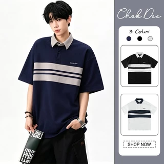 เสื้อโปโลชาย แขนสั้นลายขวางสองสี ทรงโอเวอร์ไซส์ สไตล์เกาหลี ผ้าสบายระบายอากาศ สำหรับใส่ลำลองประจำวัน