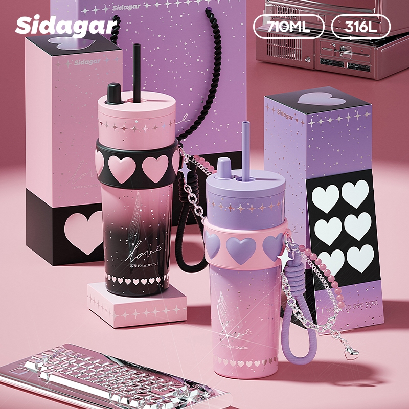 Sidagar แก้วเก็บความเย็น ความจุสูง แก้วน้ำ เคลือบเซรามิกล 316 ของขวัญวันวาเลนไทน์ แก้วน้ำเก็บอุณหภูมิ มีถุงของขวัญ