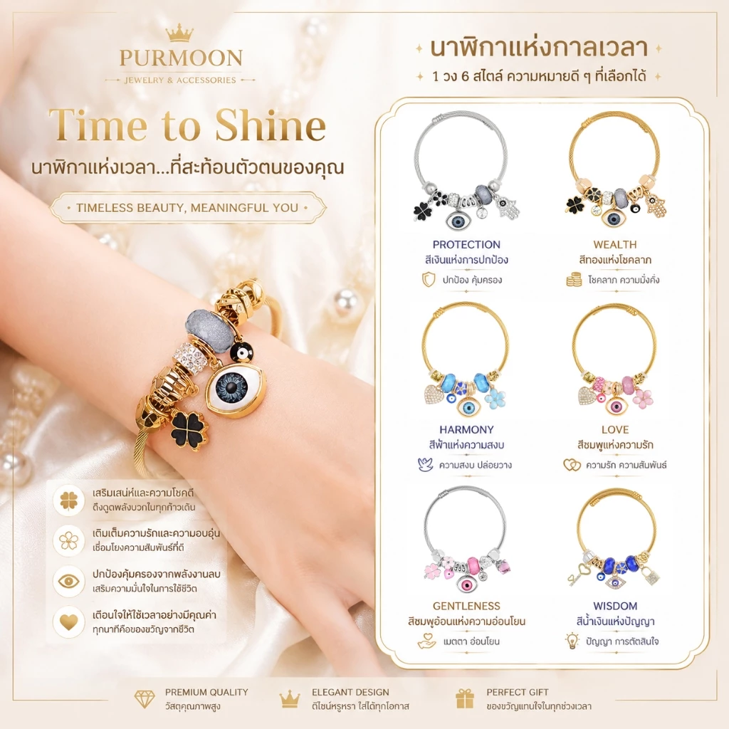 สร้อยข้อมือตาผู้พิทักษ์ Purmoon – อุปกรณ์เสริมเสน่ห์นําโชคพร้อมโคลเวอร์ | สแตนเลสปรับระดับได้ | ของขวัญ ไม่จํากัดเพศ สําหรับวันเกิด | ถุงของขวัญฟรี | บีเจ4 บีเจ65