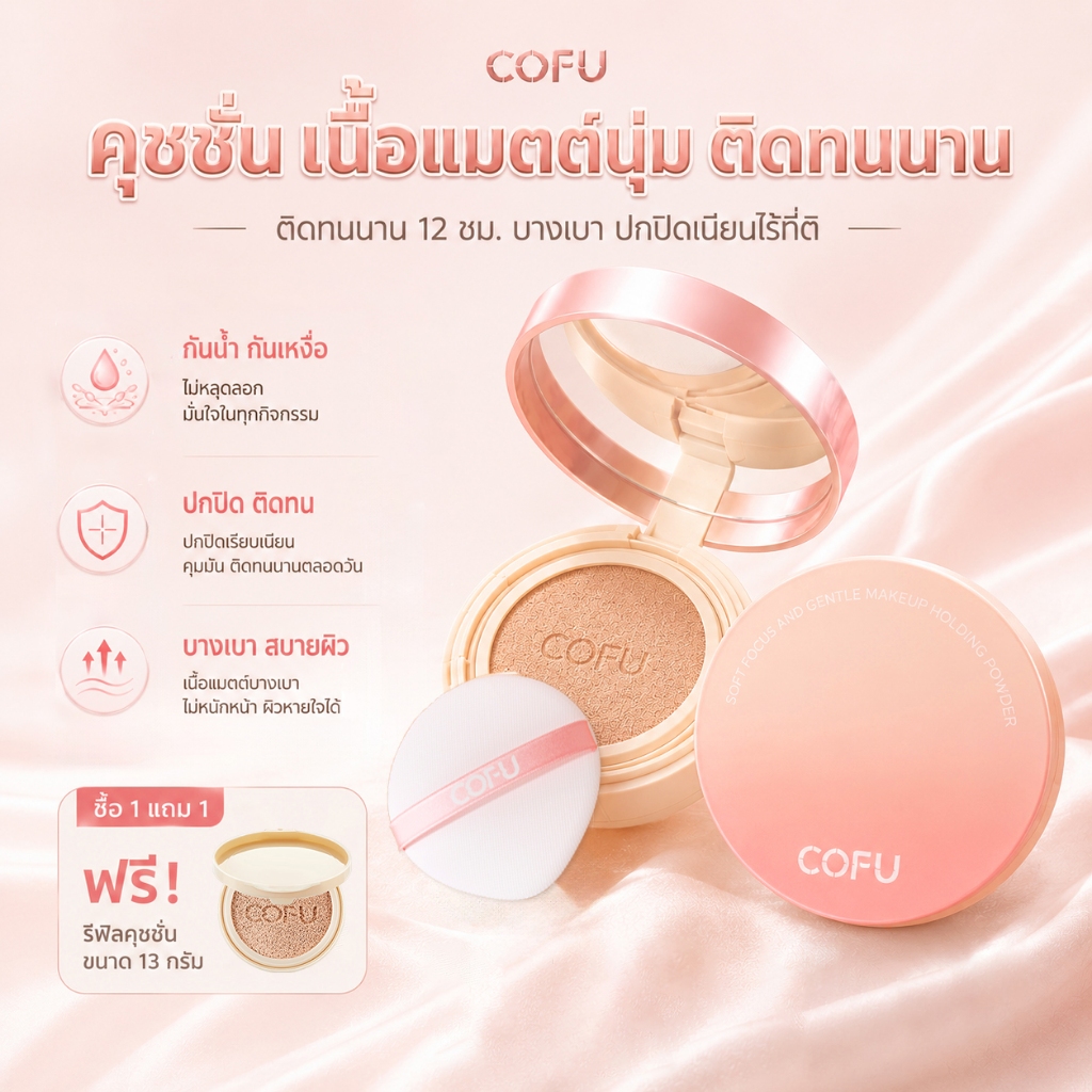 【COFU】คุชชั่น CC เนื้อแมตต์ นุ่ม ติดทนนาน แถมรีฟิลสีเดียวกัน ขนาด กันน้ำ แถมรีฟิลสีเดียวกัน