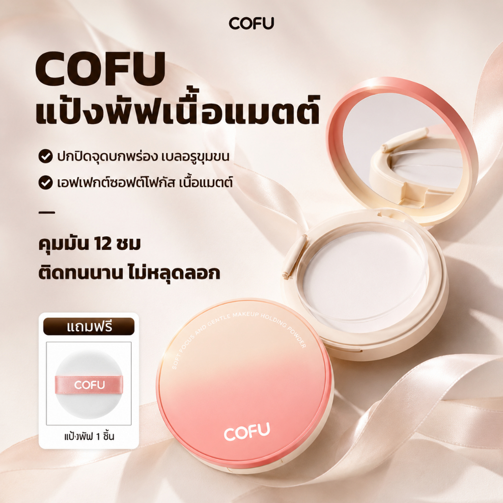 【COFU】แป้งพัฟคุมมัน ติดทนนาน ปกปิดจุดบกพร่อง เบลอรูขุมขน เนื้อบางเบา Pressed Powder 11g
