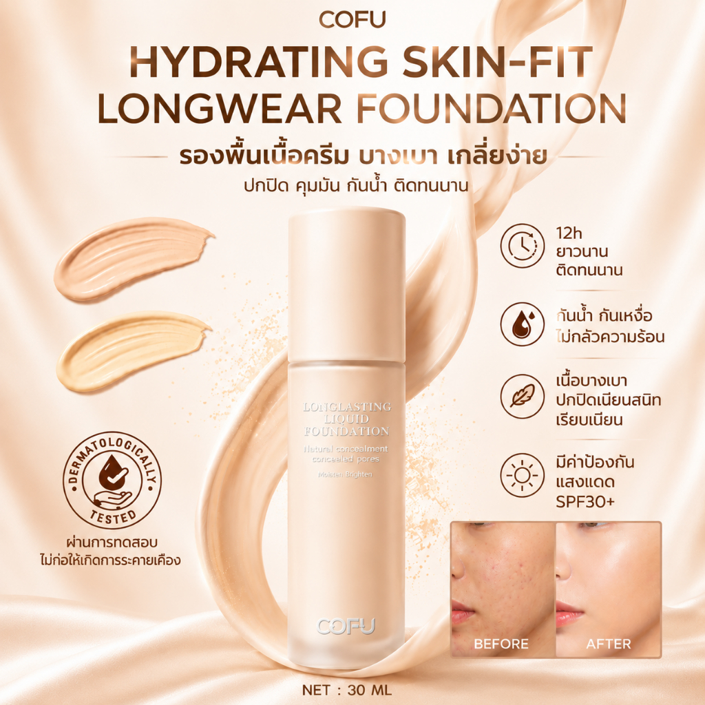 【COFU】รองพื้นติดทน SPF30+ กันน้ำกันเหงื่อ ปกปิดเรียบเนียน ไม่หมองระหว่างวัน 30g