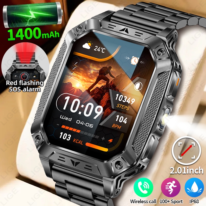 LIGE สมาร์ทวอท์ช 1400Mah แบตเตอรี่ Fitness Track กันน้ํายุทธวิธีกีฬาไฟฉายผู้ชาย Smartwatches