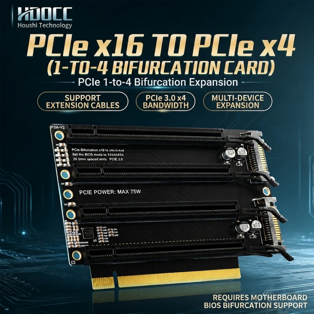 PCIe 3.0 X16 to 4x PCIe X4 Split Card Bifurcation x4x4x4x4 Gold Plated Finger SATA Power AI Deep Lea