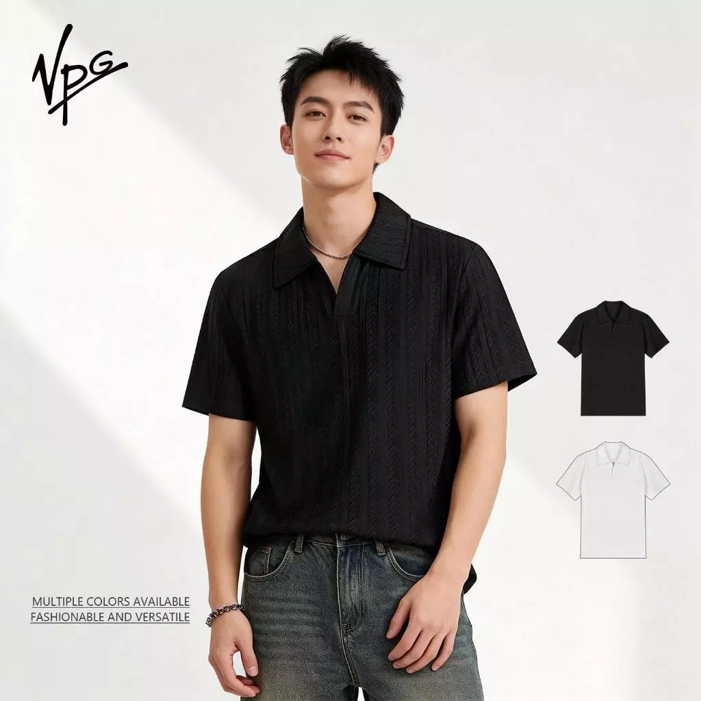 VPG เสื้อโปโลผู้ชายแขนสั้นแบบมีพื้นผิวปลอกคอ เฮนลีย์ สีทึบธุรกิจลําลองนุ่มสบายระบายอากาศอเนกประสงค์