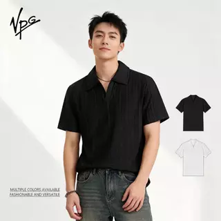 VPG เสื้อโปโลผู้ชายแขนสั้นแบบมีพื้นผิวปลอกคอ เฮนลีย์ สีทึบธุรกิจลําลองนุ่มสบายระบายอากาศอเนกประสงค์