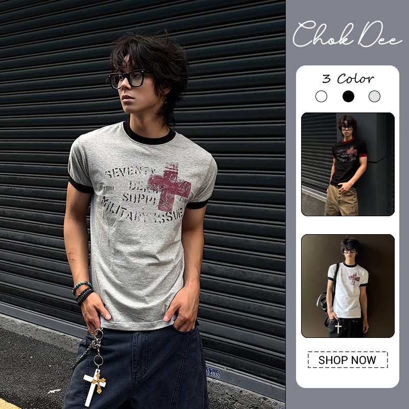 Chok Dee Mens Vintage Cross Print Ringer เสื้อยืดผ้าฝ้ายแขนสั้น Street Casual Top 3 สี