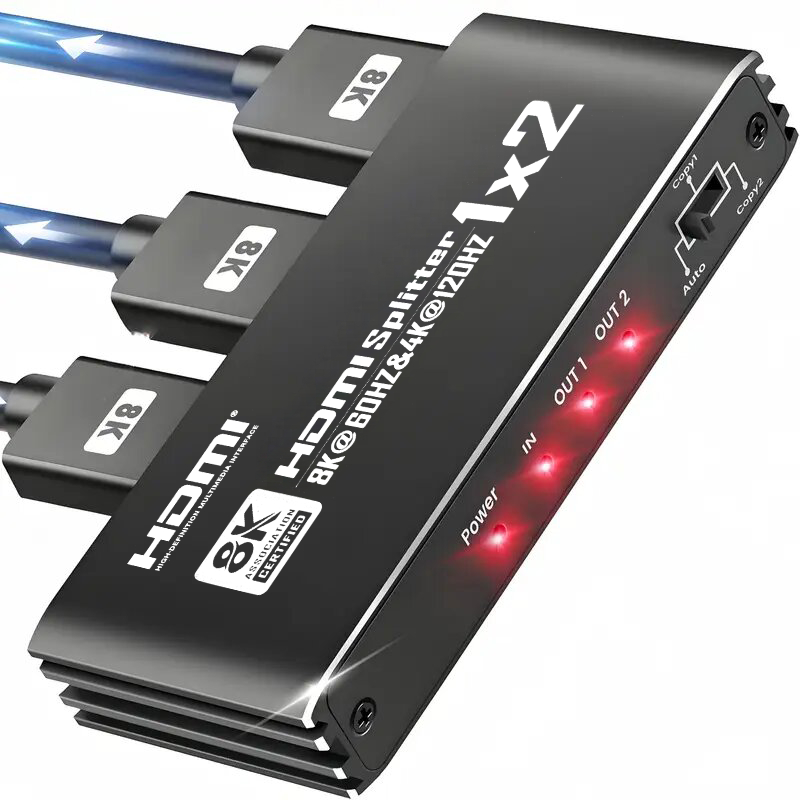 8K 1x2 HDMI Splitter 1 IN 2 Out Dual Display 1 ถึง 2 Splitter 8K60hz 4K120hz 1080P240hz Video จําหน่ายสําหรับ PS5 แล็ปท็อป PC TO TV