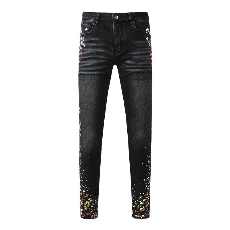Amiri High Street แฟชั่นผู้ชายกางเกงยีนส์สีดํายืดหยุ่น Slim Fit กางเกงยีนส์สีสาดหมึกหัตถกรรม Hip Hop