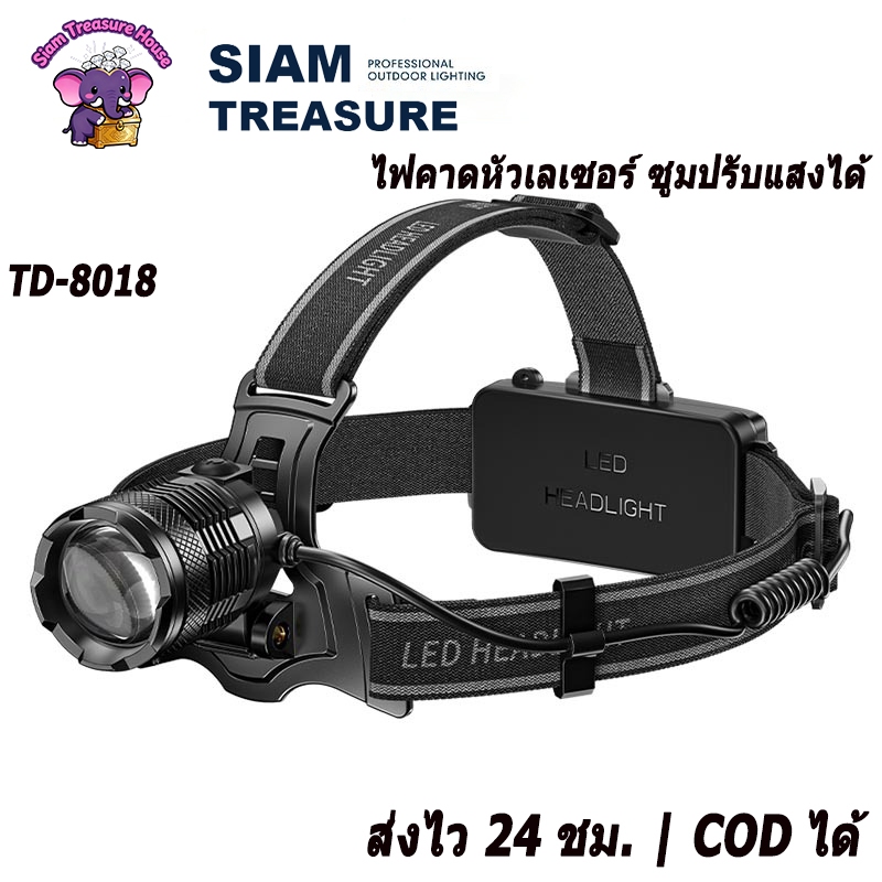 แรงสว่างสุดๆ! ไฟฉายคาดหัว LED TD8018 M77 แบบชาร์จ USB Type-C 3 โหมด ไล่โฟกัสได้ กันน้ำ IPX4 ใช้สำหรั