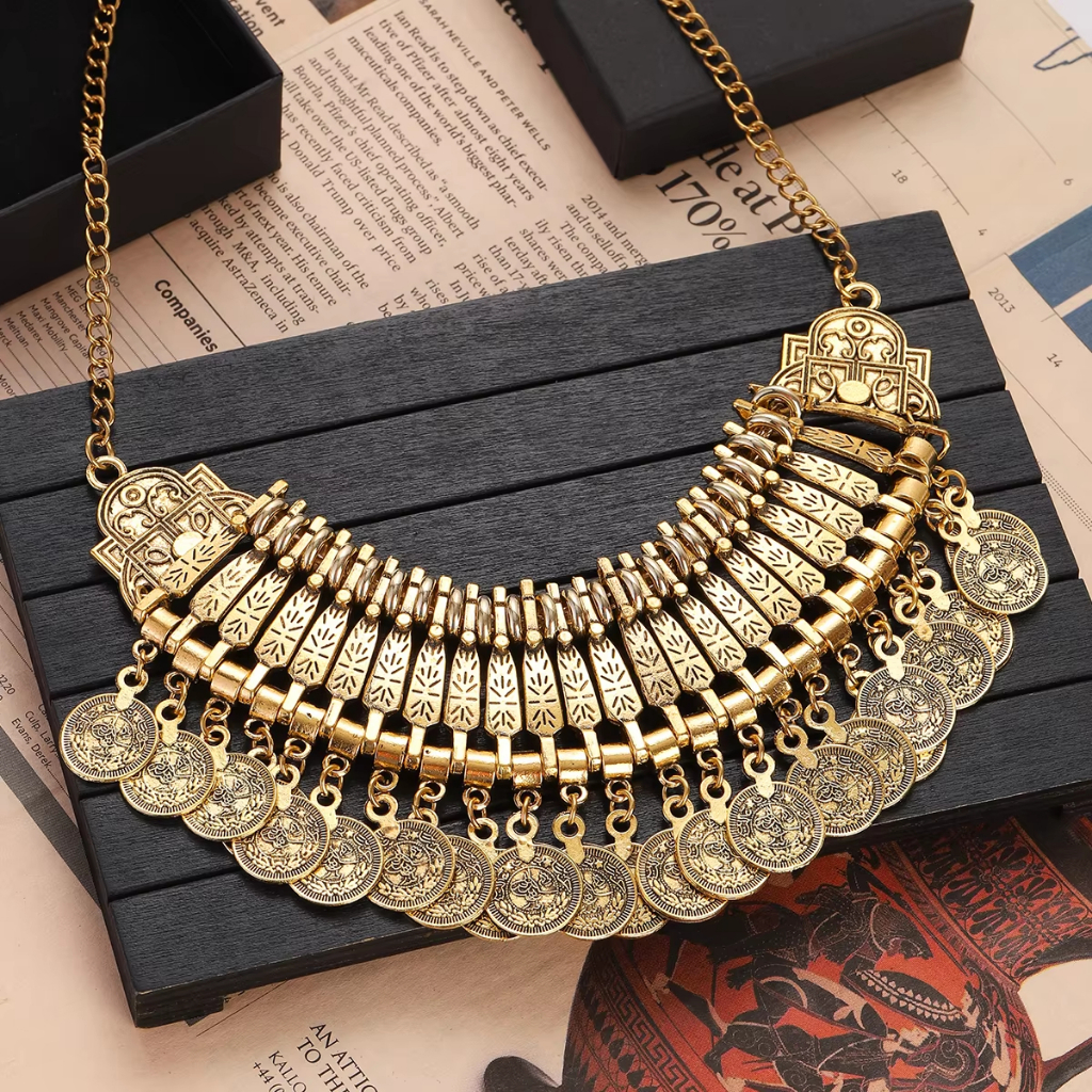 Vintage Gold สีเหรียญพู่ Choker สร้อยคอผู้หญิง Boho ชาติพันธุ์ยิปซีแกะสลักโลหะจี้สร้อยคอเครื่องประดับงานแต่งงานของขวัญ