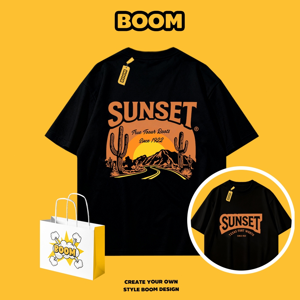 BOOM เสื้อคอกลมฤดูร้อน ผ้าฝ้าย 100% แขนสั้น ระบายอากาศดี ดีไซน์เก๋ ใส่ได้ทั้งชายและหญิง ไม่ย้วย ไม่หด ไม่ต้องรีด