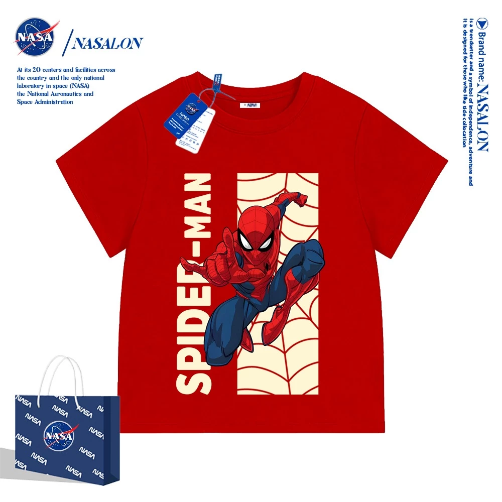 NASA เสื้อเด็กผู้ชาย ผ้าฝ้าย 100% ลายการ์ตูนสไปเดอร์แมน เสื้อยืดเด็ก ระบายอากาศดี เหมาะสำหรับเด็กอายุ 2-15 ปี