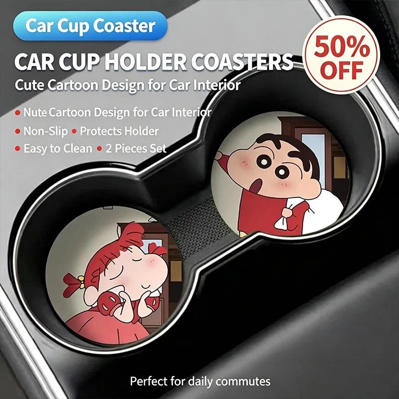 2pcs Crayon Shin Chan Coaster การ์ตูน Anti-Slip ถ้วยผู้ถือ Mat อุปกรณ์ตกแต่งรถยนต์ Auto เครื่องดื่มขวดใส่สําหรับซีดาน SUV Universal
