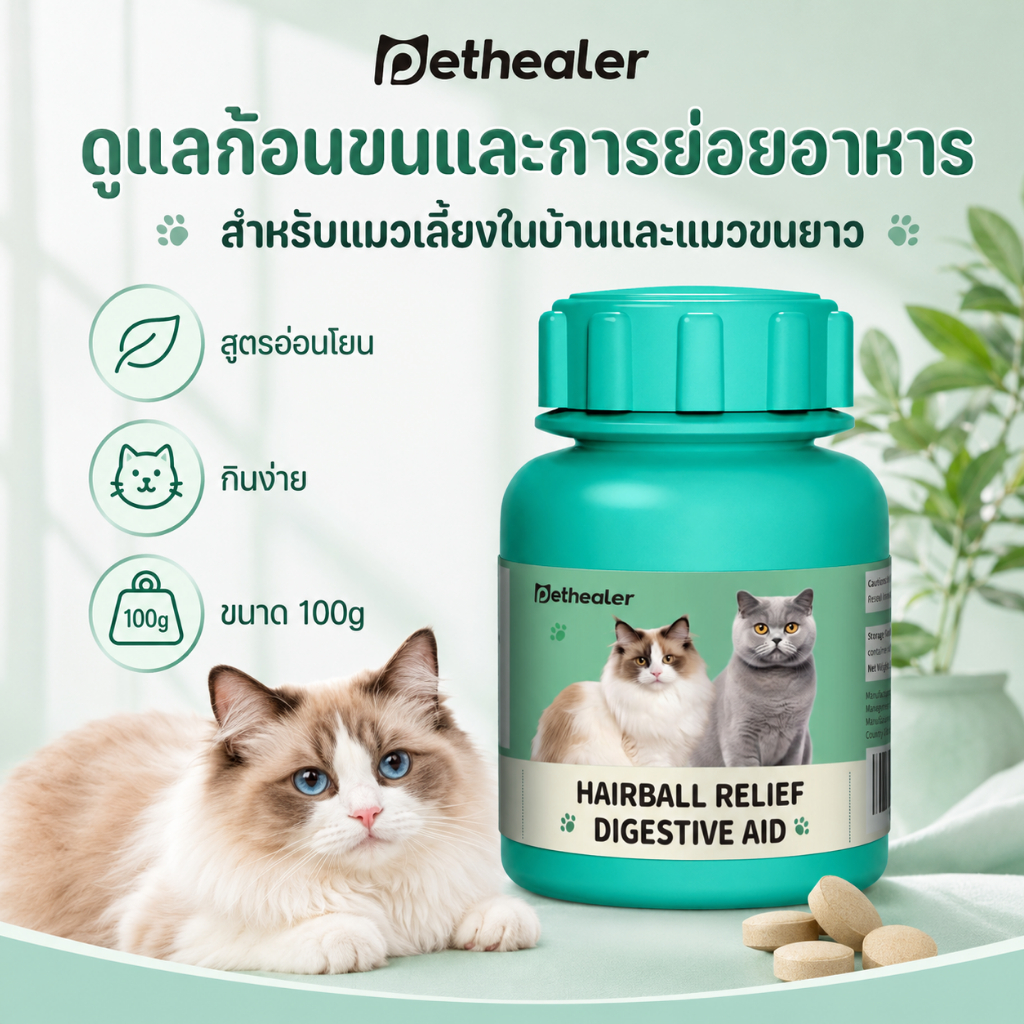 PETHEALER อาหารเสริมแมว Hairball Relief Digestive Aid 100g ดูแลก้อนขนแมว ช่วยดูแลระบบย่อยอาหาร เม็ดเคี้ยวแมว สำหรับขนยาว แมวเลี้ยงในบ้าน