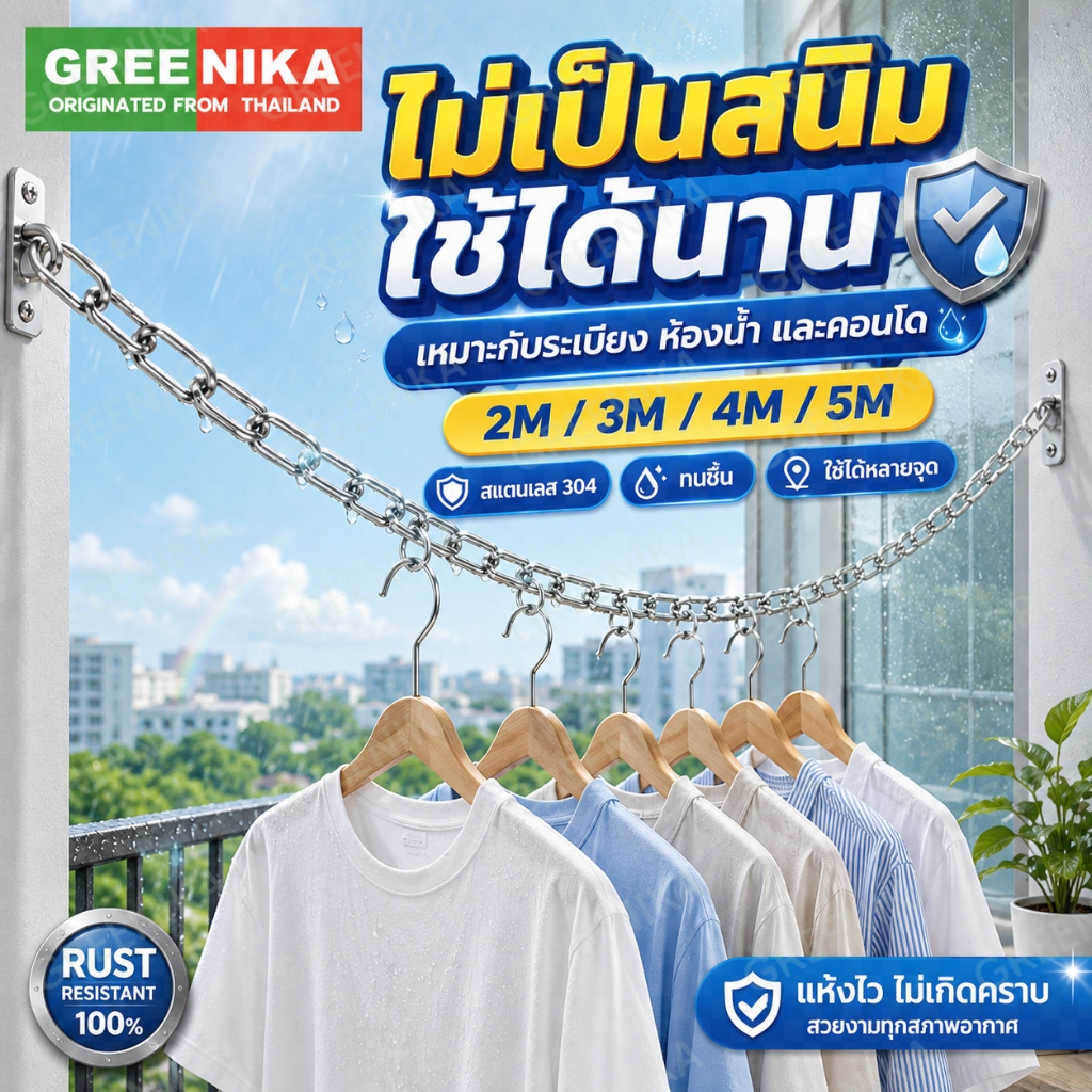 GREENIKA เชือกตากผ้าสแตนเลส ออกแบบกันลม เสื้อผ้าไม่ตกพื้น ใช้งานได้นาน รับน้ำหนักได้ดี