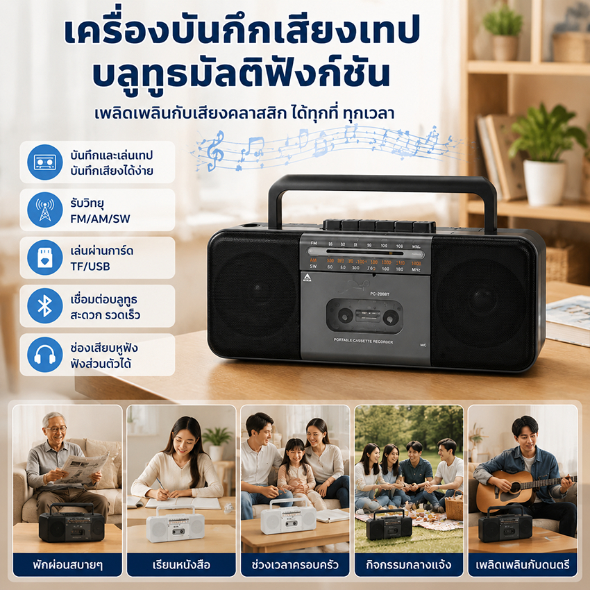 ⚡️จัดส่งในพื้นที่⚡️ สมัยเก่า FM AM SW 3 BAND RADIO CASSETTE RECORDER พร้อม USB TF PLAYER และลําโพงบลูทูธไร้สาย