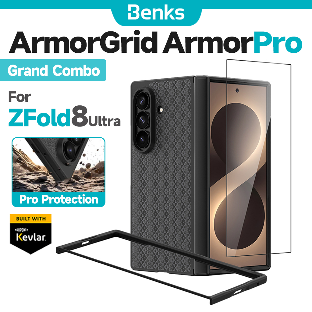 [Benks Official] Benks Grand Combo ArmorGrid Pro สําหรับ Samsung Z Fold 8 Ultra Black Kevlar Case กรอบด้านหน้าบานพับ TPU ป้องกันหน้าจอ Slim Shock Casing