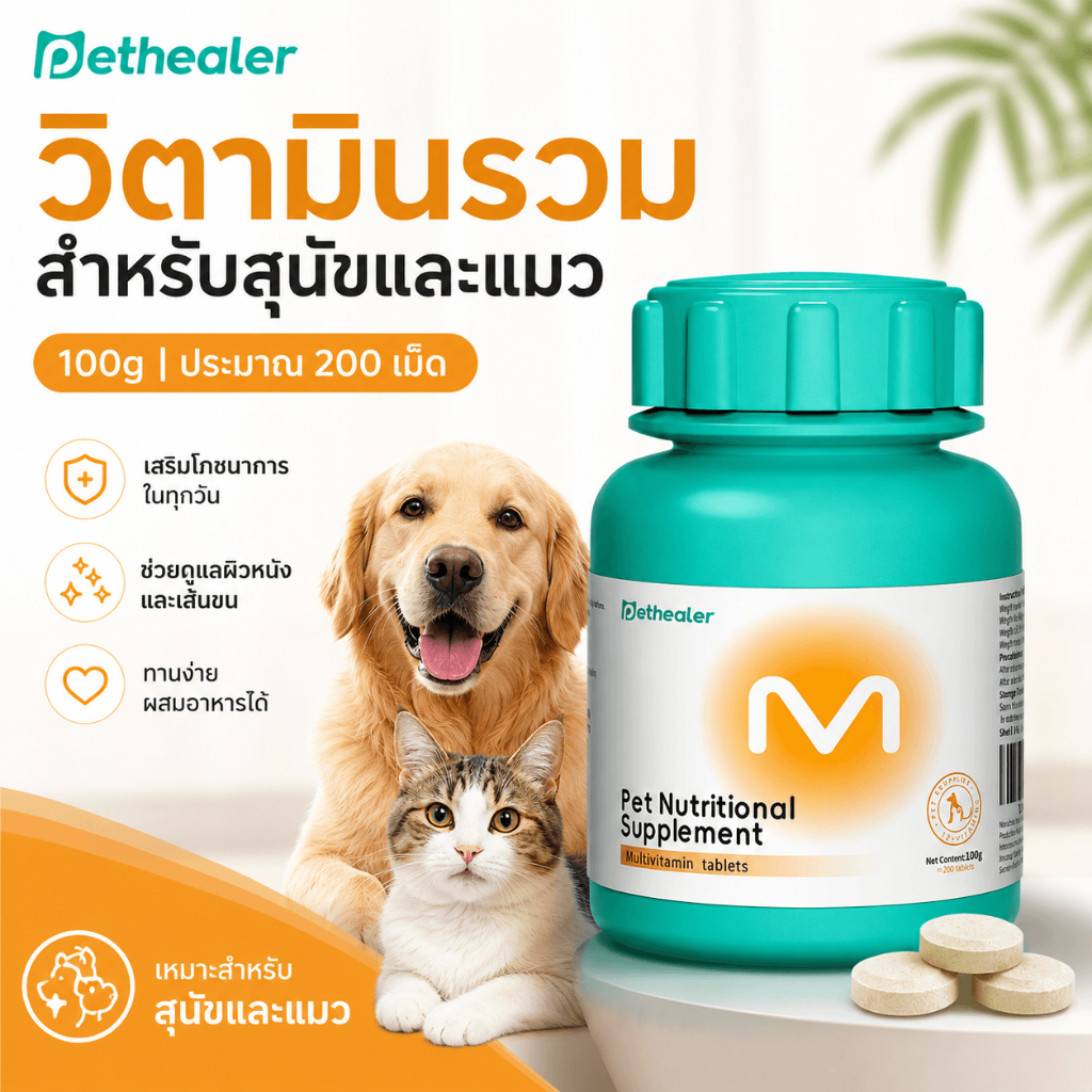 PETHEALER วิตามินรวมสุนัขและแมว 100g อาหารเสริมสัตว์เลี้ยง แบบเม็ด ดูแลขน ผิวหนัง โภชนาการประจำวัน