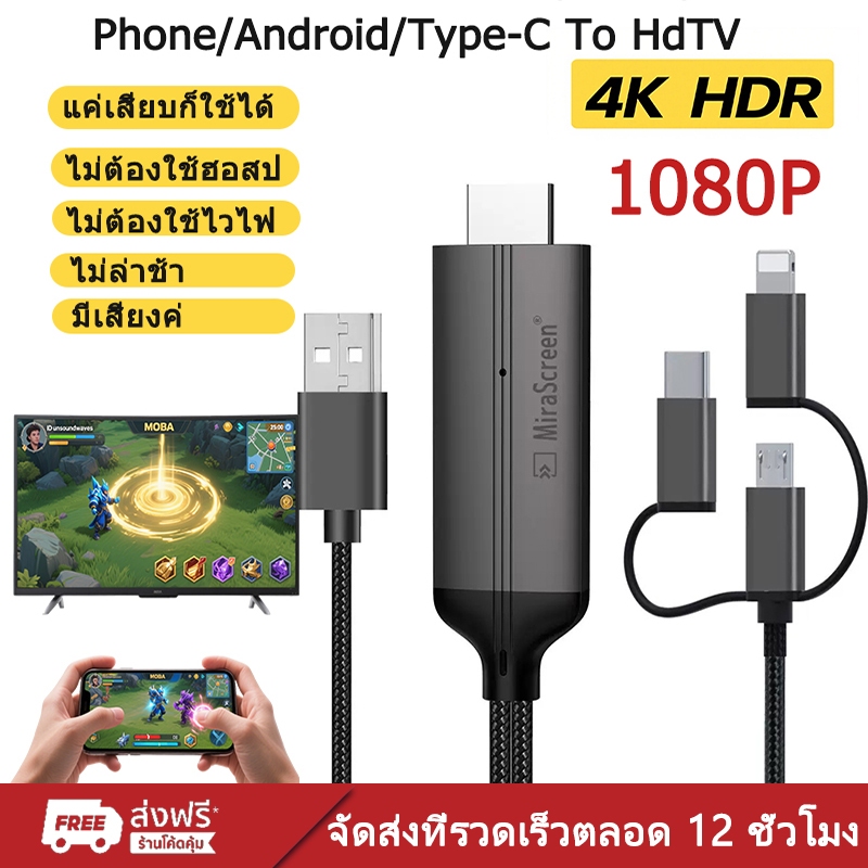 3in1 สายเคเบิลข้อมูลเหมาะสำหรับ ios/android/type-C แชร์หน้าจอมือถือบนทีวี คอมพิวเตอร ต่อมือถือเข้าtv
