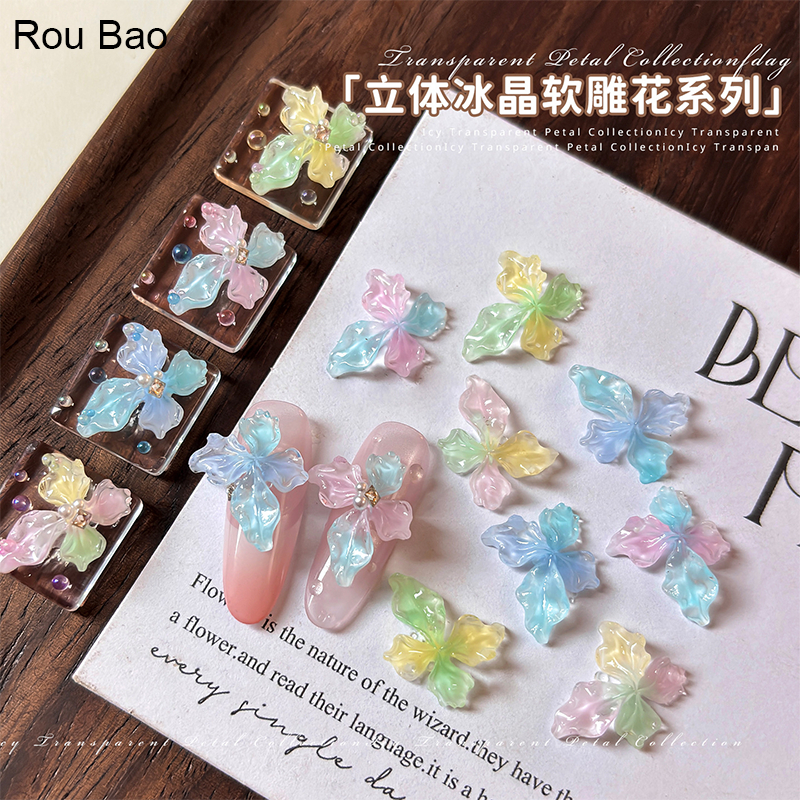Rou Bao 50 ชิ้นเล็บคริสตัลน้ําแข็งนุ่มแกะสลัก Lily ดอกไม้ Gradient DIY เล็บ Art Charms ตกแต่ง