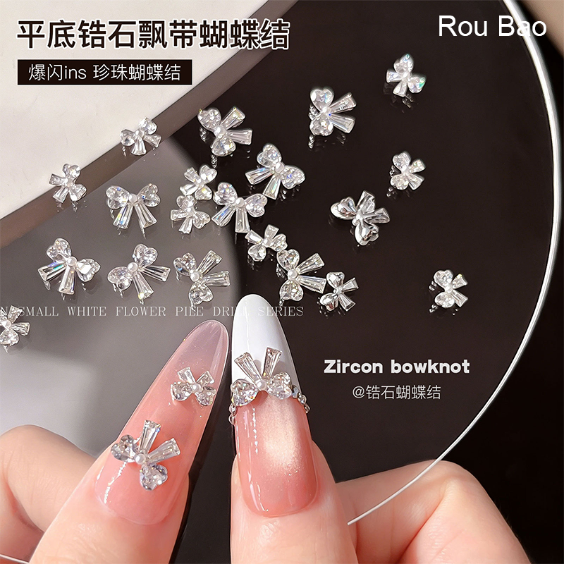 Rou Bao ริบบิ้นเล็บโบว์เพทายมุก Girly 3D Nails Art Decorative