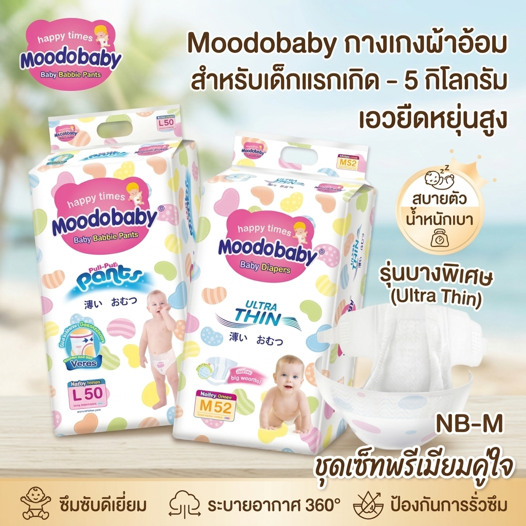 Moodbaby Baby Leak-Proof Ultra-Thin ผ้าอ้อม Breathable แห้งผ้าอ้อมผู้ชายผู้หญิงเด็กรวมทุกอย่างสะโพก Pull-Up กางเกงเด็กวัยหัดเดินกางเกง