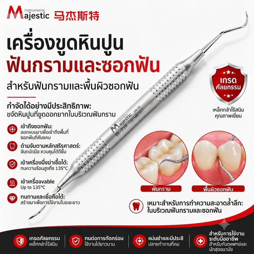 Majestic เครื่องขูดหินปูน Dental Sickle Scaler สแตนเลส ด้ามกลวง 9.5mm ขูดคราบหินปูน คราบพลัค เหนือเห