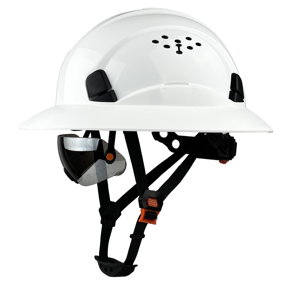 หมวกกันน็อค ANSI Full Brim พร้อมกระบังหน้าแบบใสแบบพับเก็บได้ HDPE หมวกแข็งระบายอากาศได้สําหรับงานก่อสร้างงานกลางแจ้ง