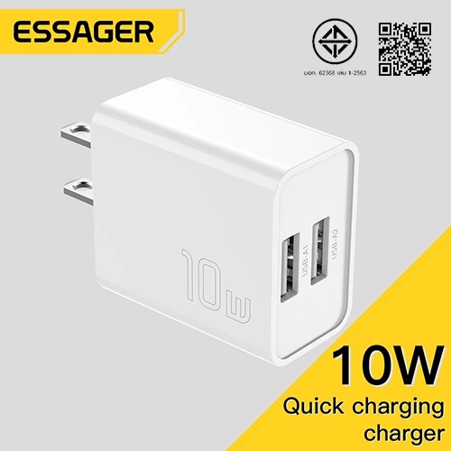 Essager ที่ชาร์จโทรศัพท์มือถือ 5V 2A พอร์ตคู่ ปลั๊กชาร์จ usb 10w 100V-240V ชาร์จเร็ว สําหรับเดินทาง