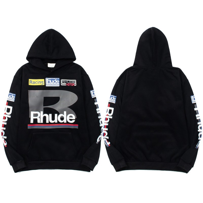RHUDE PETROL PATCH เสื้อสเวตเตอร์มีฮู้ด Distressed-Effect