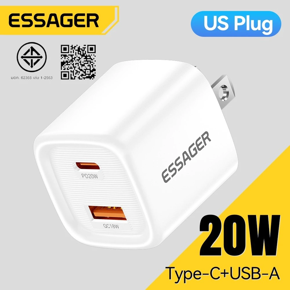 Essager PD 20W USB C + Type C Charger Fast Charging Quick Chargers Wall Plug Adapter