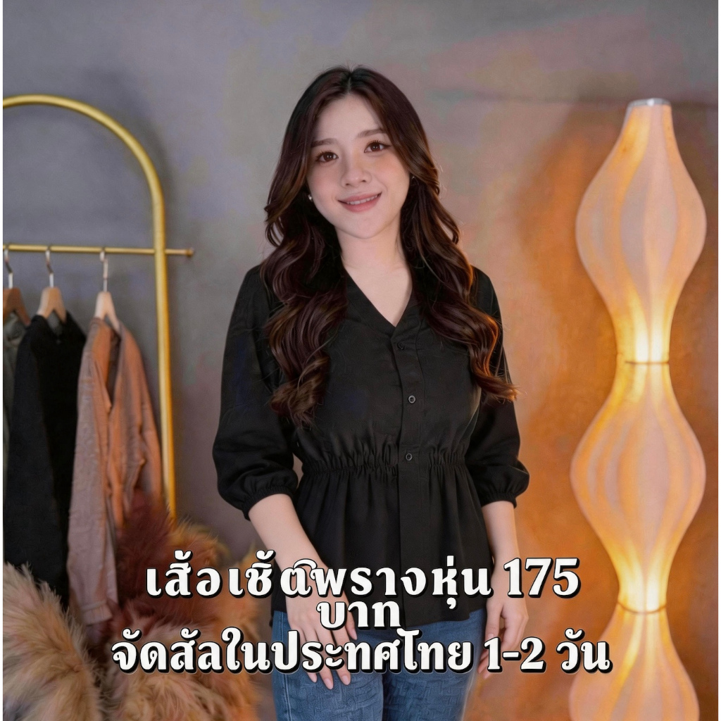 【จัดส่งจากประเทศไทย】สุภาพสตรีเสื้อพลัสขนาดพอดีหลวมสีดำชีฟองวัสดุแสดงผอมระบายอากาศการจัดส่งสินค้าไทย