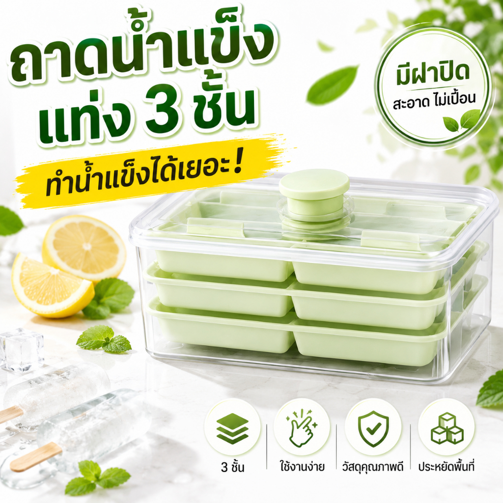 ถาดน้ำแข็งแท่ง 3 ชั้น พร้อมฝาปิด ทำน้ำแข็งทรงยาว สำหรับขวดน้ำ เครื่องดื่มเย็น ส่งจากไทย