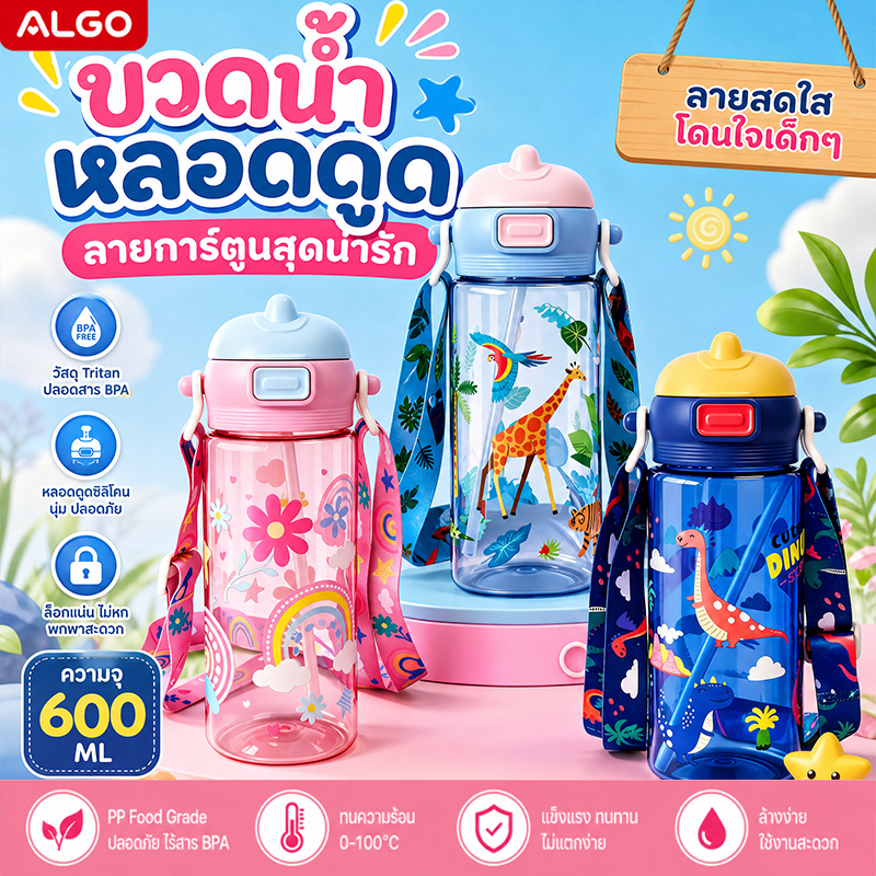 ขวดน้ำเด็ก 600ml การ์ตูนไดโนเสาร์ กันสำลัก ฝาปิดกันฝุ่น กันรั่ว วัสดุเกรดอาหาร ปลอดBPA น้ำหนักเบา พกพา แก้วหัดดื่ม แก้วเด็ก หลอดนุ่ม คลิกเดียวเปิด
