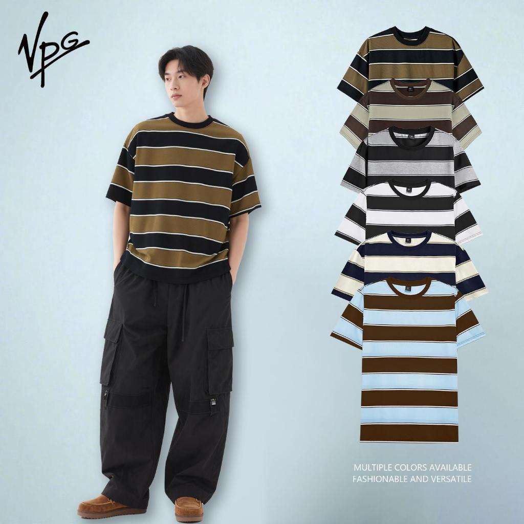 VPG เสื้อยืดลายทางใส่สบายสําหรับผู้ชายใส่ทุกวัน