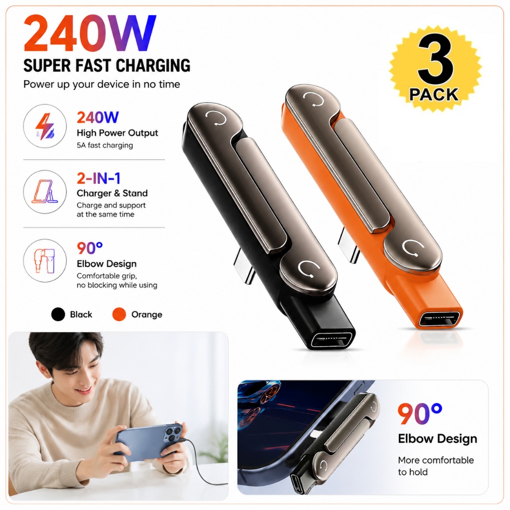 ท้องถิ่น 3pcs Type C ชาร์จโทรศัพท์วงเล็บอะแดปเตอร์ 240W Fast CHARGING OTG Type-C ชาย USB-C หญิง Converter พร้อมที่วางพับได้