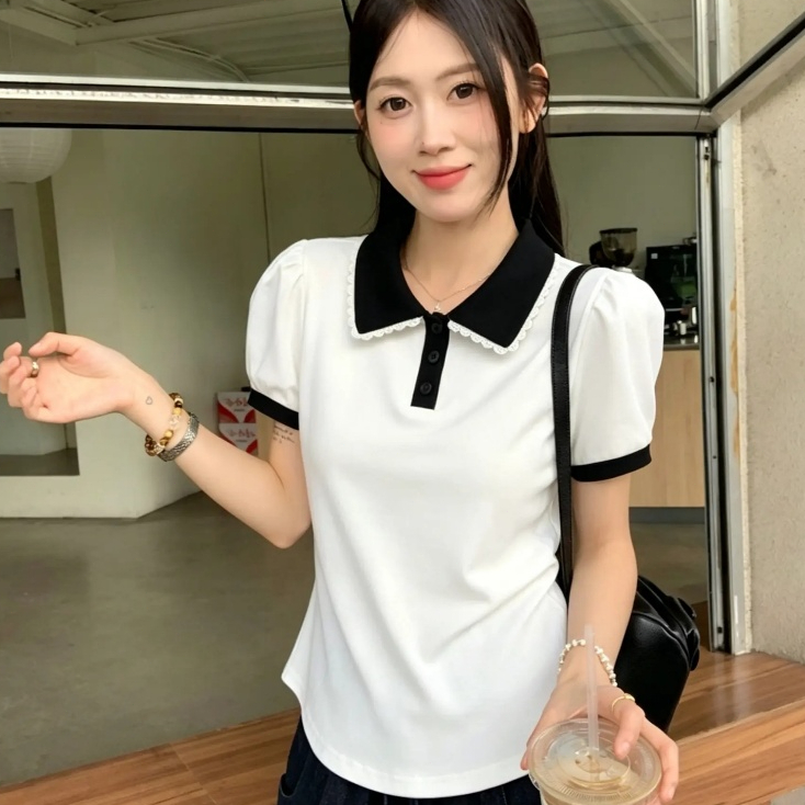 ผู้หญิง เสื้อโปโลแขนสั้น ปลอกคอลูกไม้ แฟชั่น สีทึบ พลัสขนาดเสื้อ รูปที่ 5