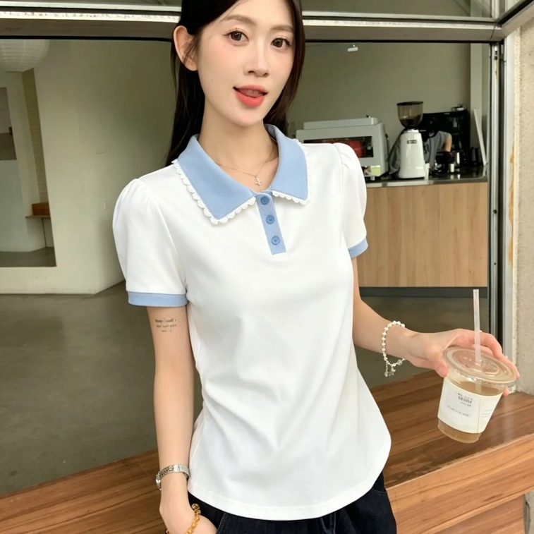ผู้หญิง เสื้อโปโลแขนสั้น ปลอกคอลูกไม้ แฟชั่น สีทึบ พลัสขนาดเสื้อ รูปที่ 4
