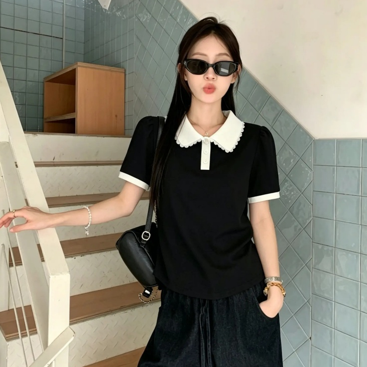 ผู้หญิง เสื้อโปโลแขนสั้น ปลอกคอลูกไม้ แฟชั่น สีทึบ พลัสขนาดเสื้อ รูปที่ 3