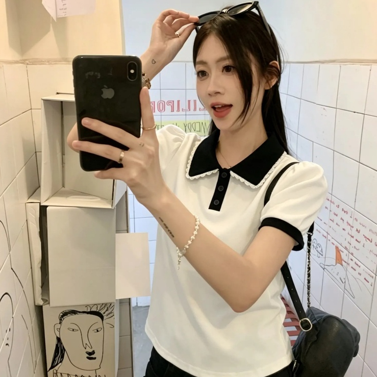 ผู้หญิง เสื้อโปโลแขนสั้น ปลอกคอลูกไม้ แฟชั่น สีทึบ พลัสขนาดเสื้อ รูปที่ 6