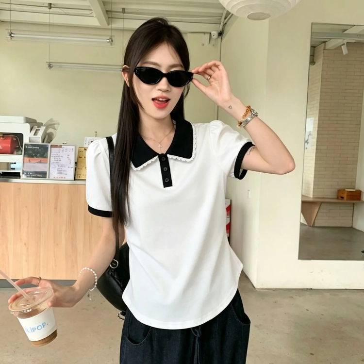 ผู้หญิง เสื้อโปโลแขนสั้น ปลอกคอลูกไม้ แฟชั่น สีทึบ พลัสขนาดเสื้อ รูปที่ 7